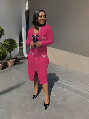 Deep-pink knit midi dress with bow collar, button front and side slit