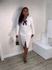 Knitted Dress with Bow Decoration and Button Design