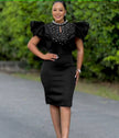 Elegant Ruffled Sleeve Bodycon Dress with Pearl Embellishments and Keyhole Neckline