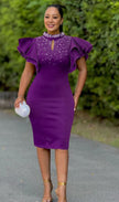 Purple bodycon party dress with ruffle sleeves, jeweled high neck and keyhole cutout