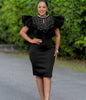 Black bodycon party dress with ruffle sleeves, jeweled high neck and keyhole cutout