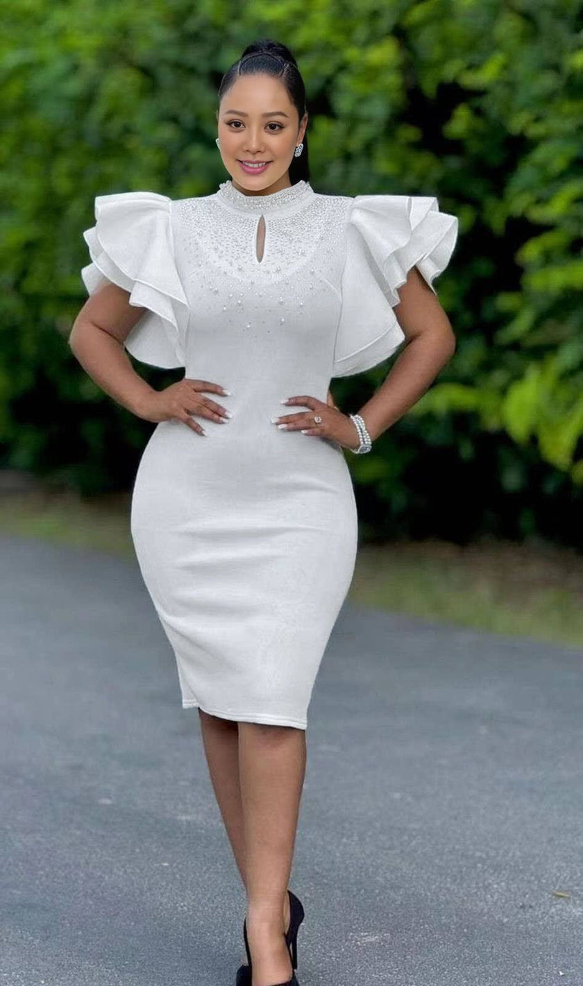 White bodycon party dress with ruffle sleeves, rhinestone high neck and keyhole cutout