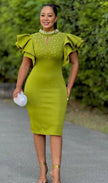 Elegant Ruffled Sleeve Bodycon Dress with Pearl Embellishments and Keyhole Neckline