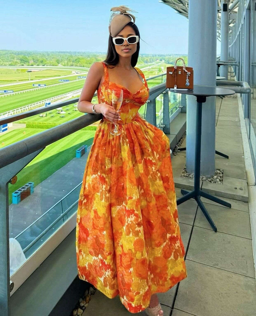 Floral midi dress with ruffled straps, V-neck and full A-line skirt in orange