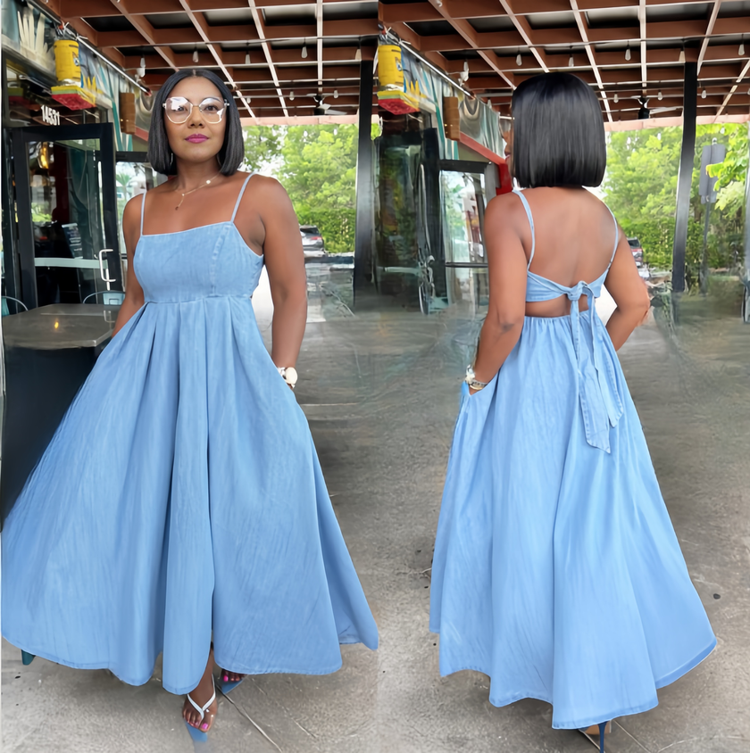 Light blue sleeveless backless maxi A-line dress with tie-back straps