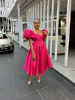 Puff-sleeve midi dress in bright pink, square neckline, gathered waist, flared skirt