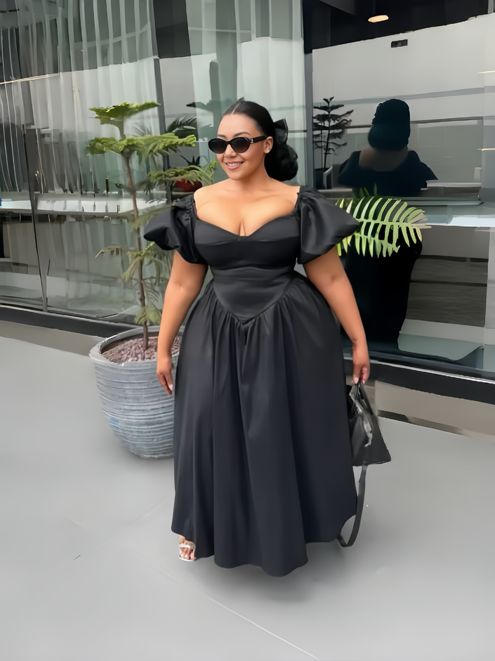 Black puff-sleeve midi dress with square neckline, gathered waist, full skirt