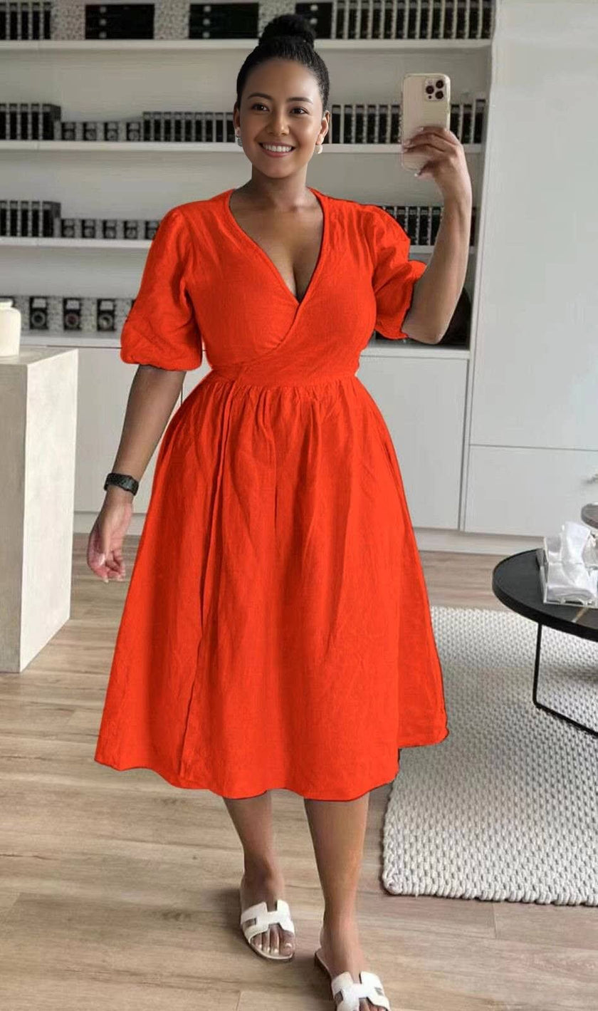 Orange-red wrap midi dress with puff sleeves and V-neck, gathered stretch waist