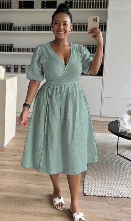 Mint wrap midi dress with puff sleeves and V-neck, gathered stretch waist