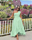One-shoulder midi dress in mint green with ruffle hem and fitted bodice