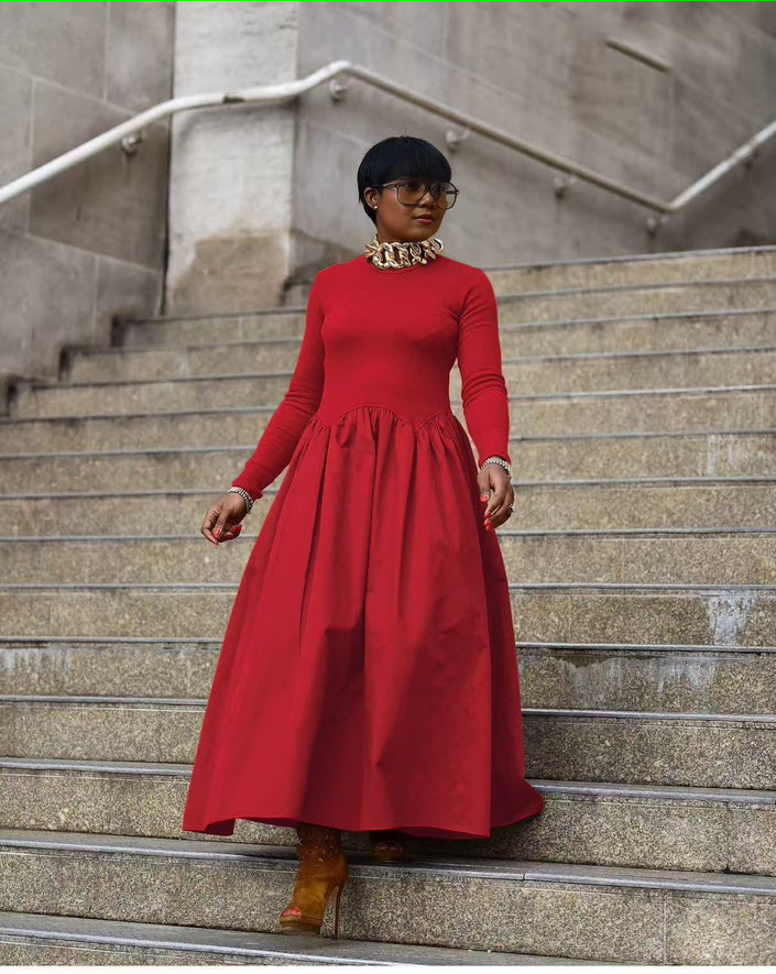 Red maxi dress with long sleeves and gathered A-line skirt