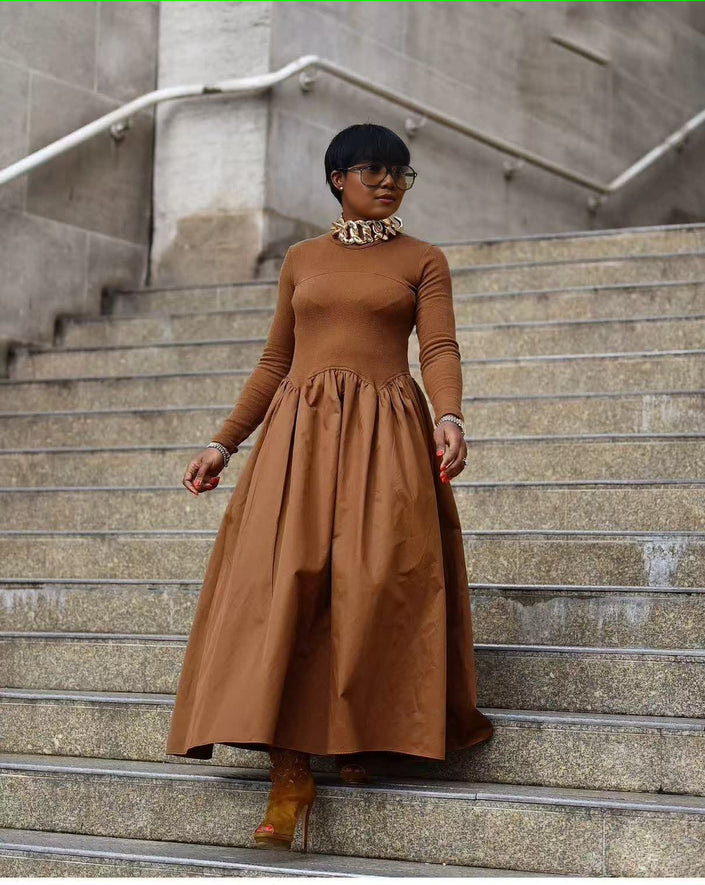 Coffee maxi dress with long sleeves, high neck, and gathered A-line skirt