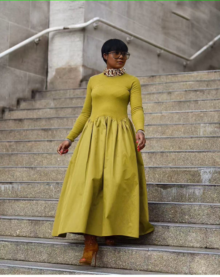 Yellow-green maxi dress with long sleeves and gathered A-line skirt