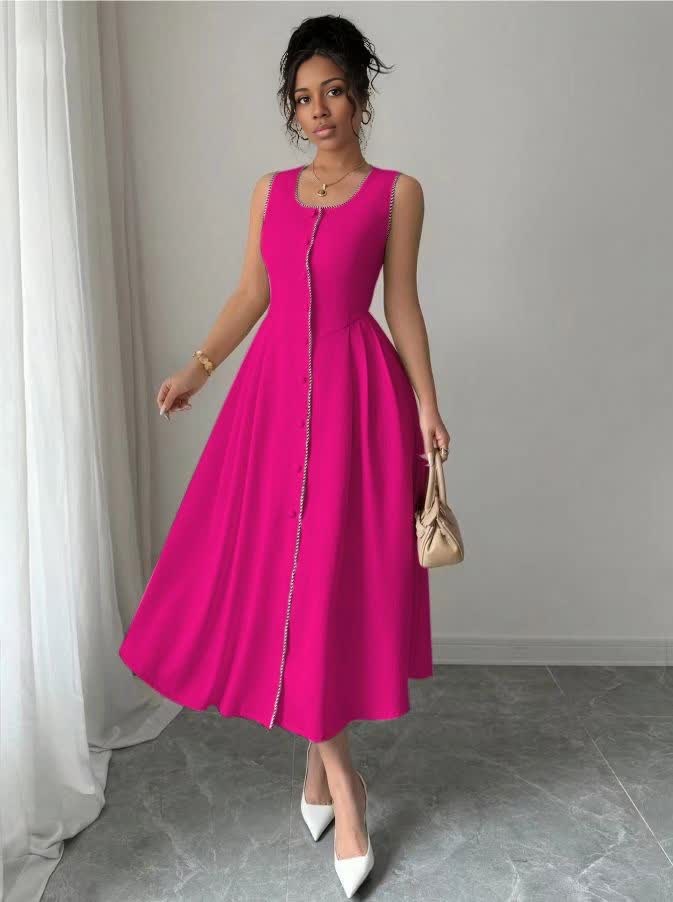 Deep-pink sleeveless midi button-front dress with gathered skirt and waist seams