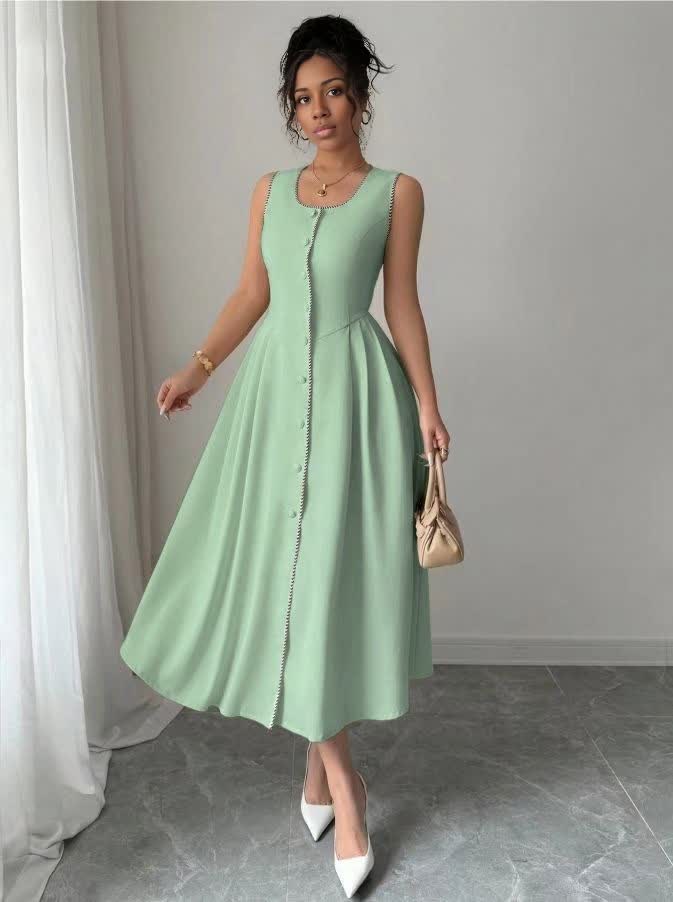 Mint-green sleeveless midi button-front dress with gathered skirt and waist seams