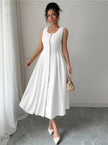 White sleeveless midi button-front dress with gathered skirt and waist seams