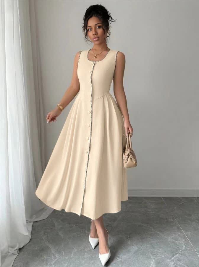 Beige sleeveless midi button-front dress with gathered skirt and waist seams