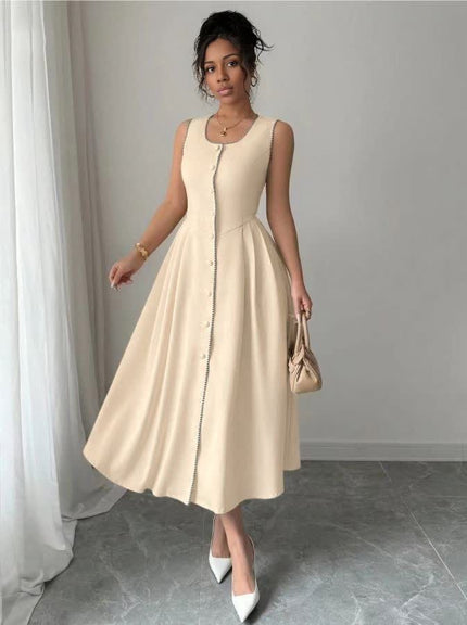 Beige sleeveless midi button-down dress with V-neck and gathered skirt