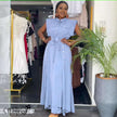 Sky blue sleeveless belted maxi shirt dress with collar and front button placket