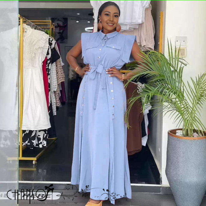 Sky blue sleeveless belted maxi shirt dress with collar and front button placket