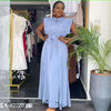 Sky blue sleeveless belted maxi shirt dress with collar and front button placket