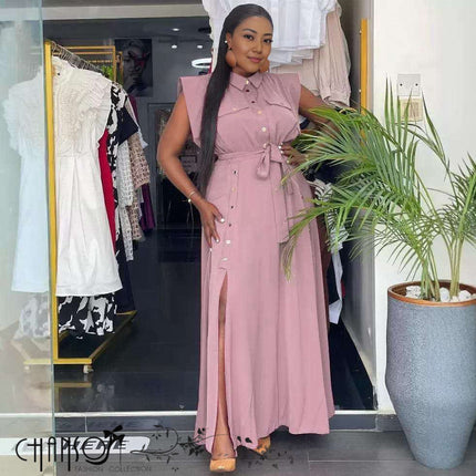 Pink sleeveless belted maxi shirt dress with collar and front button placket