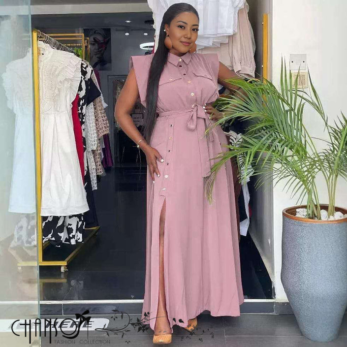 Pink sleeveless belted maxi shirt dress with collar and front button placket