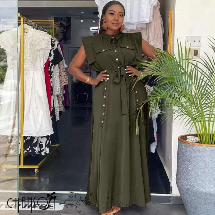 Olive green sleeveless belted maxi shirt dress with collar and front button placket