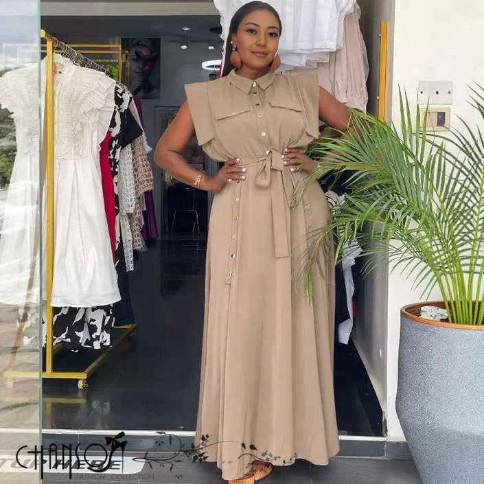 Khaki sleeveless belted maxi shirt dress with collar and front button placket