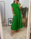 Forest-green pleated sleeveless maxi dress with relaxed fit and round neckline