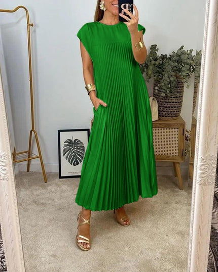 Forest-green pleated sleeveless maxi dress with relaxed fit and round neckline