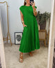 Forest-green pleated sleeveless maxi dress with relaxed fit and round neckline