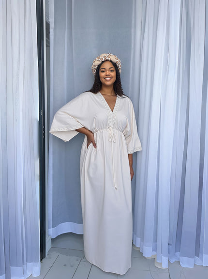 Long Formal Dress with Decorative Front Buttons and Wide Sleeves