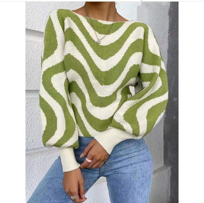 Striped knit top with wide puff sleeves, green and white, loose fit