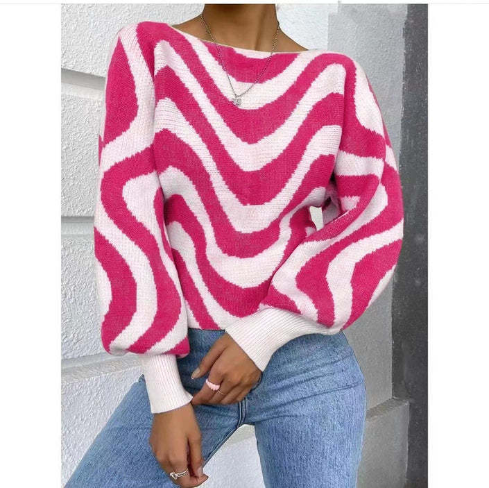 Striped knit top with wide puff sleeves, deep pink and white, loose fit