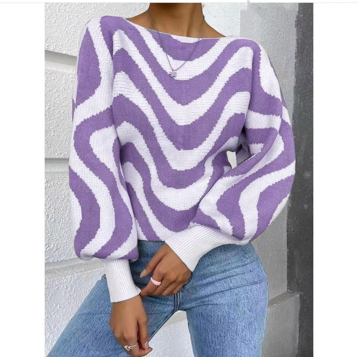 Striped knit top with wide puff sleeves, light purple and white, loose fit