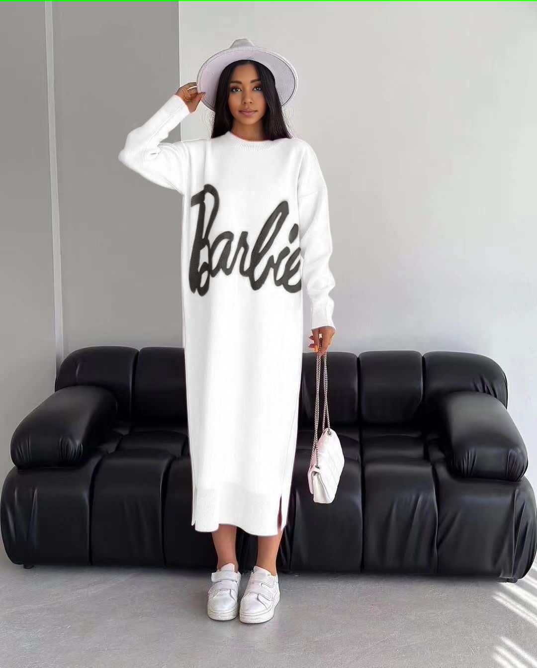 Long-Sleeve Knit Dress with Cursive Barbie Script