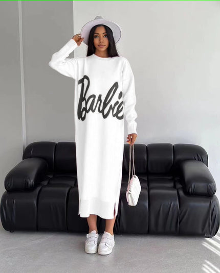 Long-Sleeve Knit Dress with Cursive Barbie Script