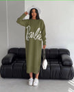 Olive knit maxi dress with long sleeves, round neck, and large script logo