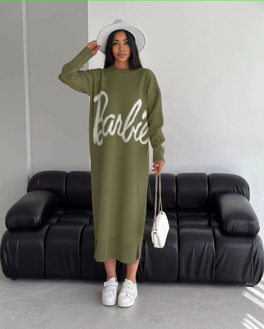 Olive knit maxi dress with long sleeves, round neck, and large script logo