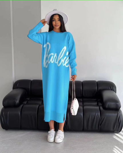 Long-Sleeve Knit Dress with Cursive Barbie Script