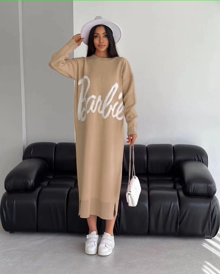 Beige knit maxi dress with long sleeves, round neck, and large script logo