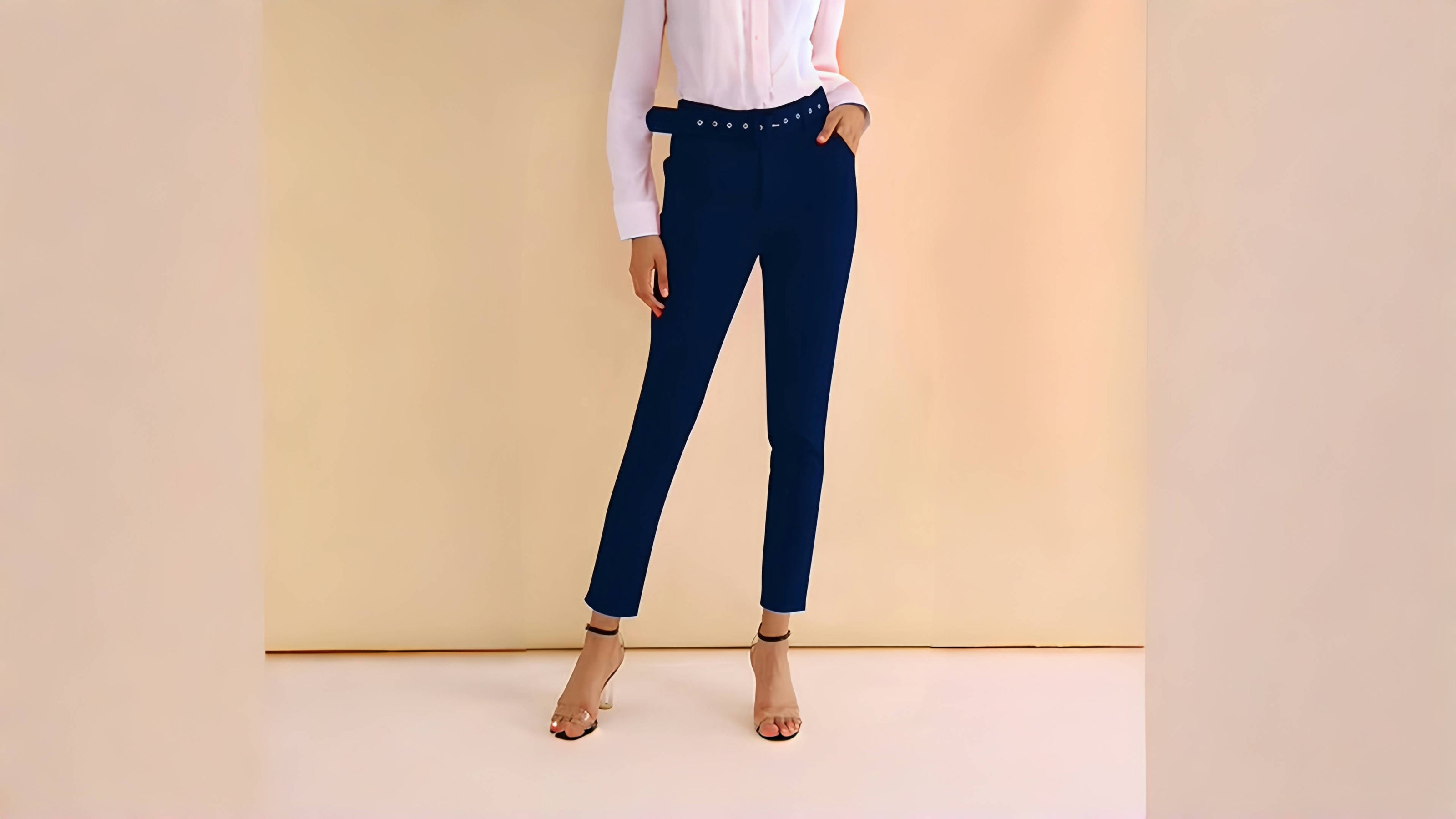 Navy high-waist pants with straight ankle-length legs