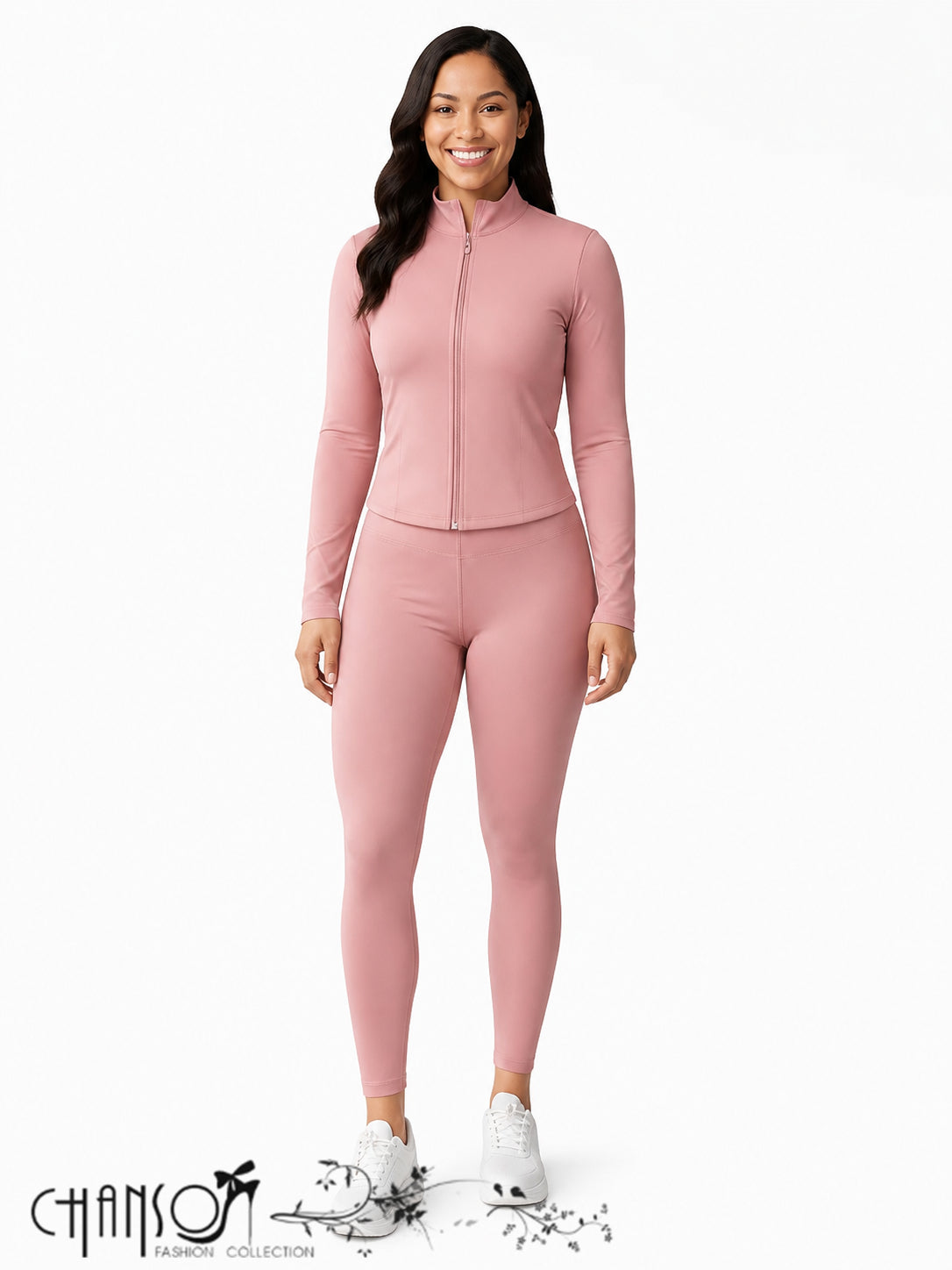 Women Active 2 Piece Set Stand Collar Zip Up Cropped Jacket Leggings For Workout Commute