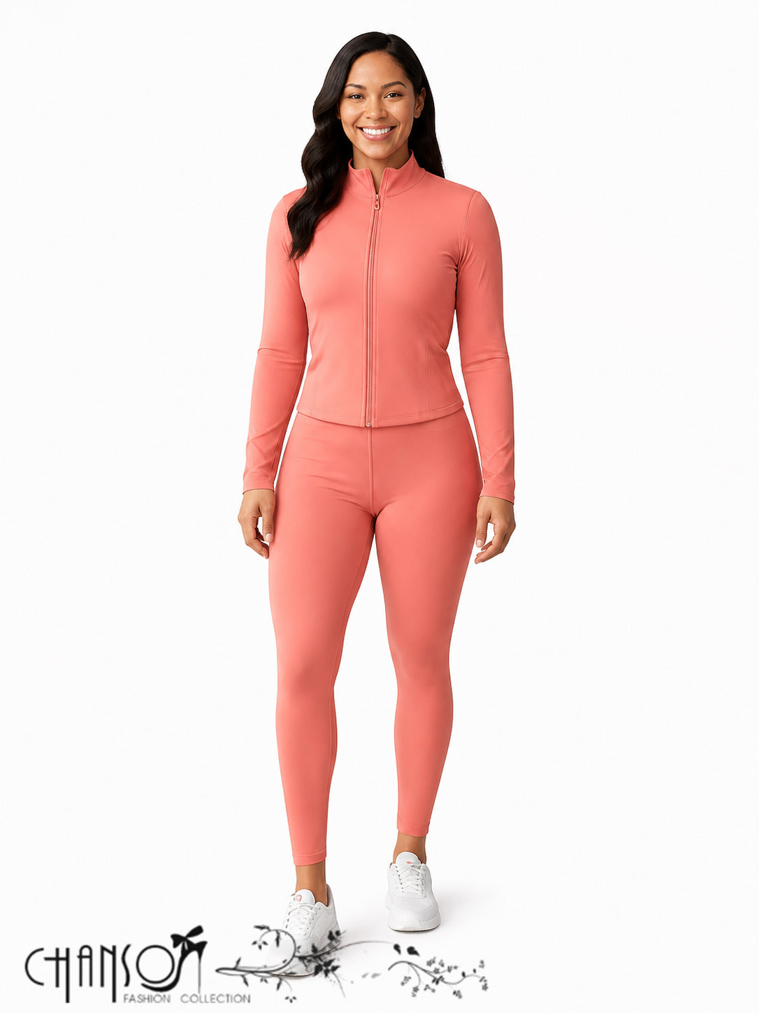 Women Active 2 Piece Set Stand Collar Zip Up Cropped Jacket Leggings For Workout Commute