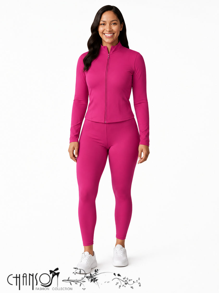 Women Active 2 Piece Set Stand Collar Zip Up Cropped Jacket Leggings For Workout Commute