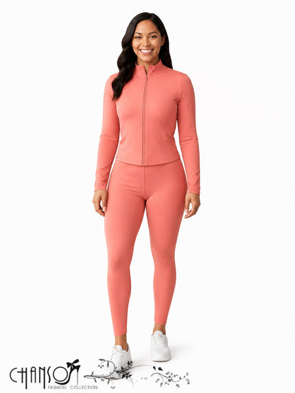 Dusty pink zip-up stand collar cropped jacket and matching leggings set