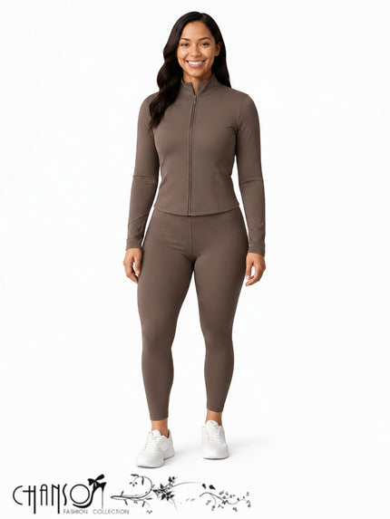 Coffee-brown zip-up stand collar cropped jacket with matching leggings set