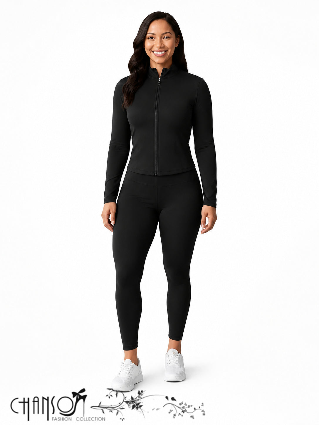 Women Active 2 Piece Set Stand Collar Zip Up Cropped Jacket Leggings For Workout Commute