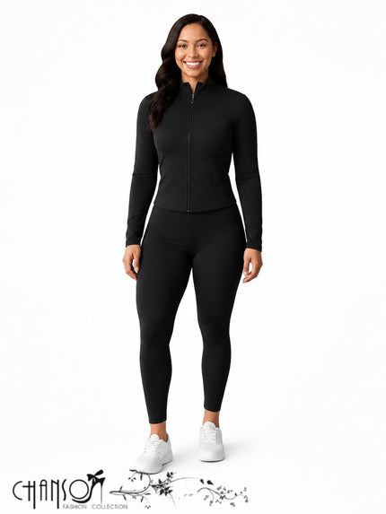 Black zip-up stand collar cropped jacket with matching leggings set